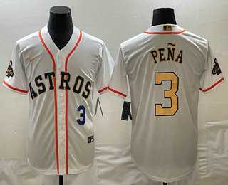 Mens Houston Astros #3 Jeremy Pena 2023 White Gold World Serise Champions Patch Cool Base Stitched Jersey->houston astros->MLB Jersey